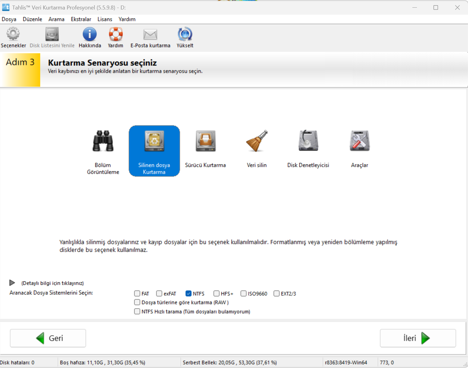 Tahlis™ Veri Kurtarma arayuz ekran goruntusu