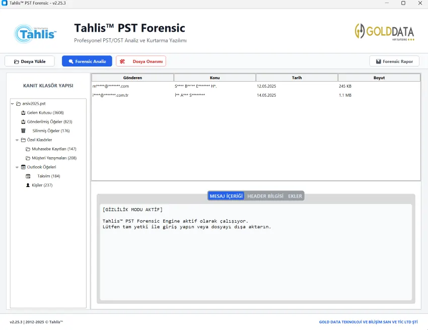 Tahlis™ PST Forensic arayuz ekran goruntusu